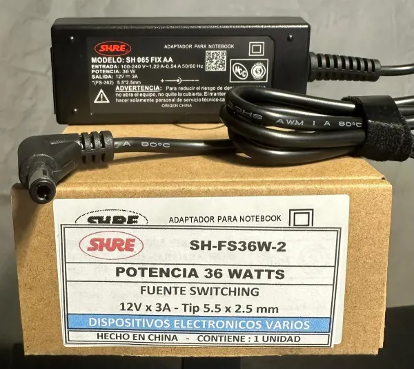 CARGADOR NOTEBOOK SH-FS36W-2 SWITCHING 12V/3A - 5.5 X 2.5 MM