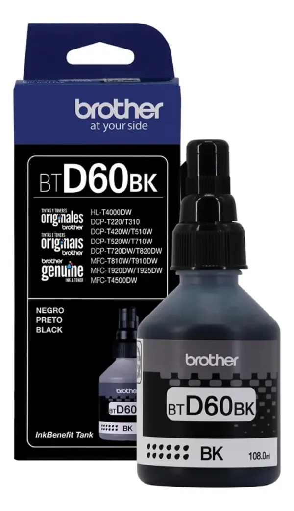 TINTA BROTHER BTD60BK NEGRO 108ML ULTRA ALTO RENDIMIENTO (6,000 PÁG. ) T4000DW   /  DCP T220 T310 T420W T510W T710W 720DW T820DW  /  MFC T810W  T910DW T920DW 8925DW T4500DW