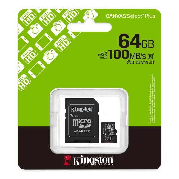 MEMORIA MICRO SD  64GB CLASE10  CANVAS SELECT PLUS C/ADAPTADOR - KINGSTON
NUMERO DE PARTE: SDCS3/64GB