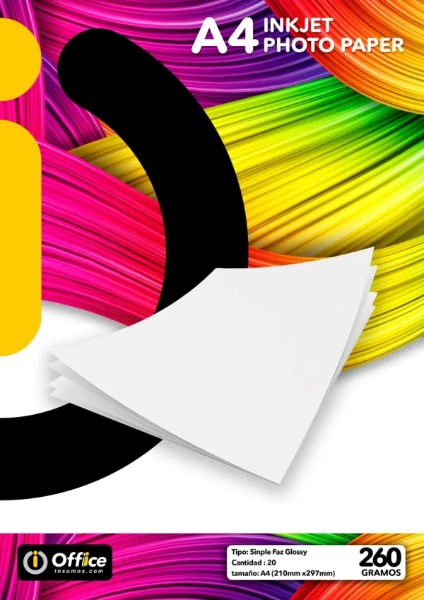 PAPEL A4 FOTOGRAFICO GLOSSY 260GR X  20 HOJAS OFFICE (60 X BOX) PAPEL FOTO FOTOGRAFICO COMPATIBLE C/IMPRESORAS INKJET Y LASERJET