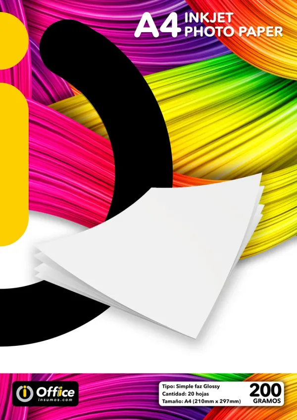 PAPEL A4 FOTOGRAFICO GLOSSY 200GR X  20 HOJAS OFFICE (60 X BOX)  PAPEL FOTO FOTOGRAFICO COMPATIBLE C/IMPRESORAS INKJET Y LASERJET