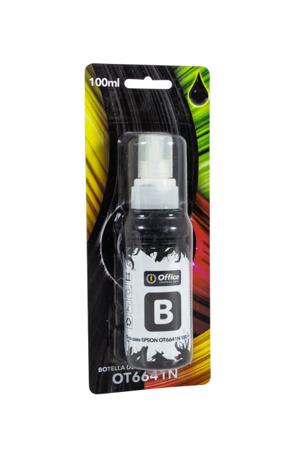 TINTA OFFICE PARA EPSON 100ML A NEGRO OT6641N BLISTER 
TINTA DYE NEGRO OFFICE FORMULADA PARA IMPRESORAS EPSON DE INYECCIÓN DE TINTA.
FLUJO ESTABLE, SECADO RÁPIDO Y COMPATIBILIDAD CON CABEZALES EPSON INKJET, IDEAL PARA USO DIARIO Y RECARGAS SEGURAS.