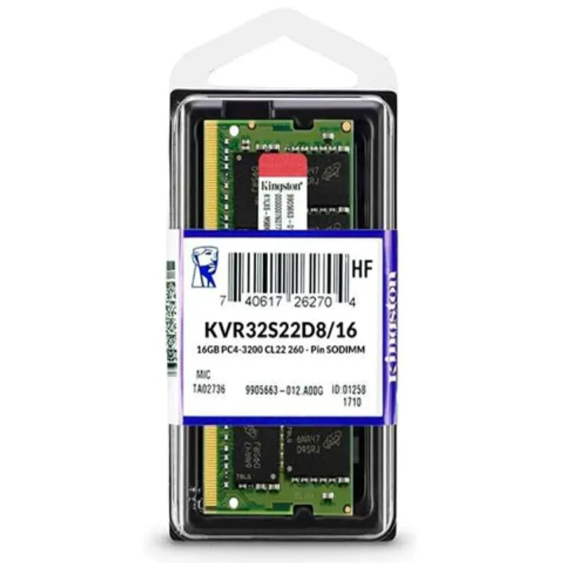 MEMORIA RAM SODIMM KINGSTON KVR 16GB DDR4 3200MHZ CL22 1.20V SINGLE NEGRO