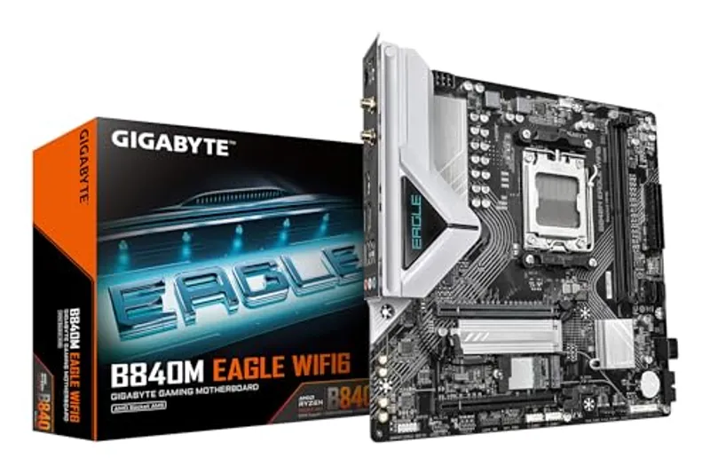 GIGABYTE B840M Eagle WIFI6 Motherboard - AMD Ryzen 9000 Processors, 5+2+2 Phase VRM, up to 7600MHz DDR5 (O.C.), 1 x M.2 PCIe 4.0 + 1 x M.2 PCIe 3.0, Wi-Fi 6, 2.5 GbE LAN, USB 3.2 Gen 1