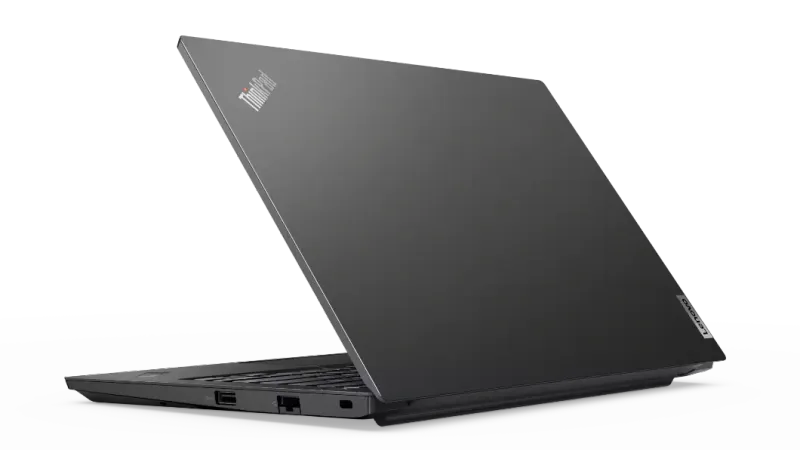 Vue arrière de trois quarts gauche du Lenovo ThinkPad E14 Gen 2, modèle noir